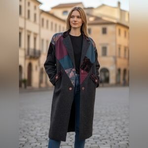 Editions vintage wool trench coat patchwork & velvet buttons closure dark grey